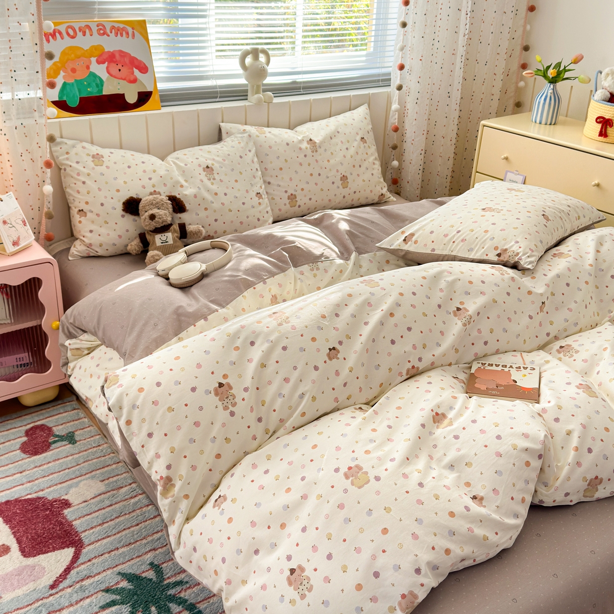 91家纺网 家纺一手货源 找家纺 梵克保罗 2026春夏新款ins小清新40支全棉13372四件套学生三件套单被套单枕套系列-第一批（单枕套） 果子象