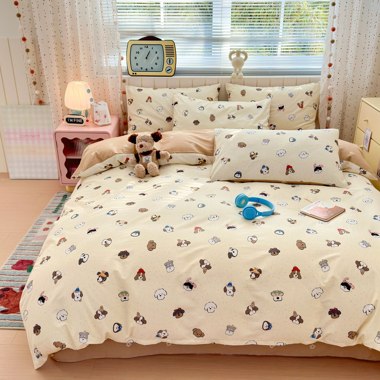 91家纺网 家纺一手货源 找家纺 梵克保罗 2026春夏新款ins小清新40支全棉13372四件套学生三件套单被套单枕套系列-第一批（单枕套） 富贵狗