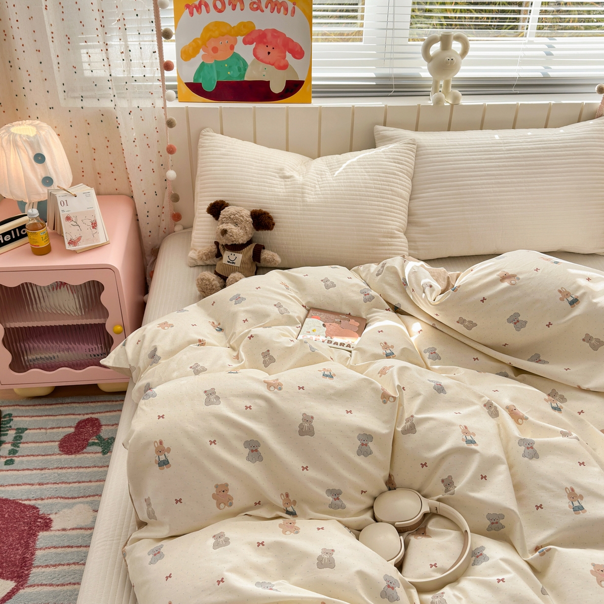 91家纺网 家纺一手货源 找家纺 梵克保罗 2026春夏新款ins小清新40支全棉13372四件套学生三件套单被套单枕套系列-第一批（单枕套） 豆丁小熊