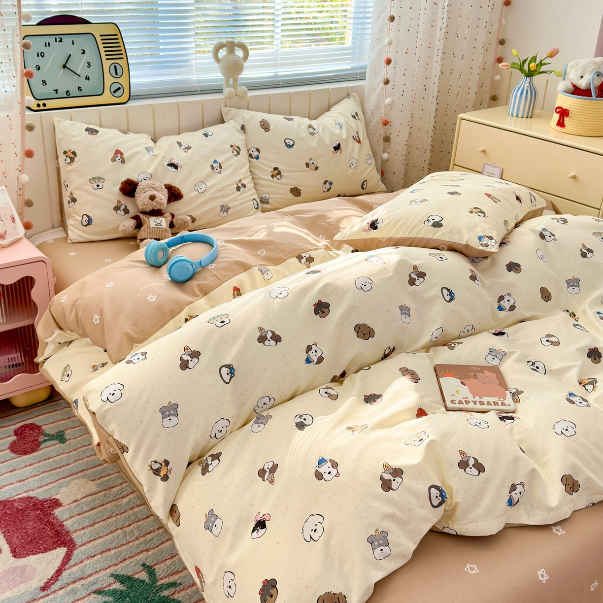 91家纺网 家纺一手货源 找家纺 梵克保罗 2026春夏新款ins小清新40支全棉13372四件套学生三件套单被套单枕套系列-第一批（单枕套） 富贵狗