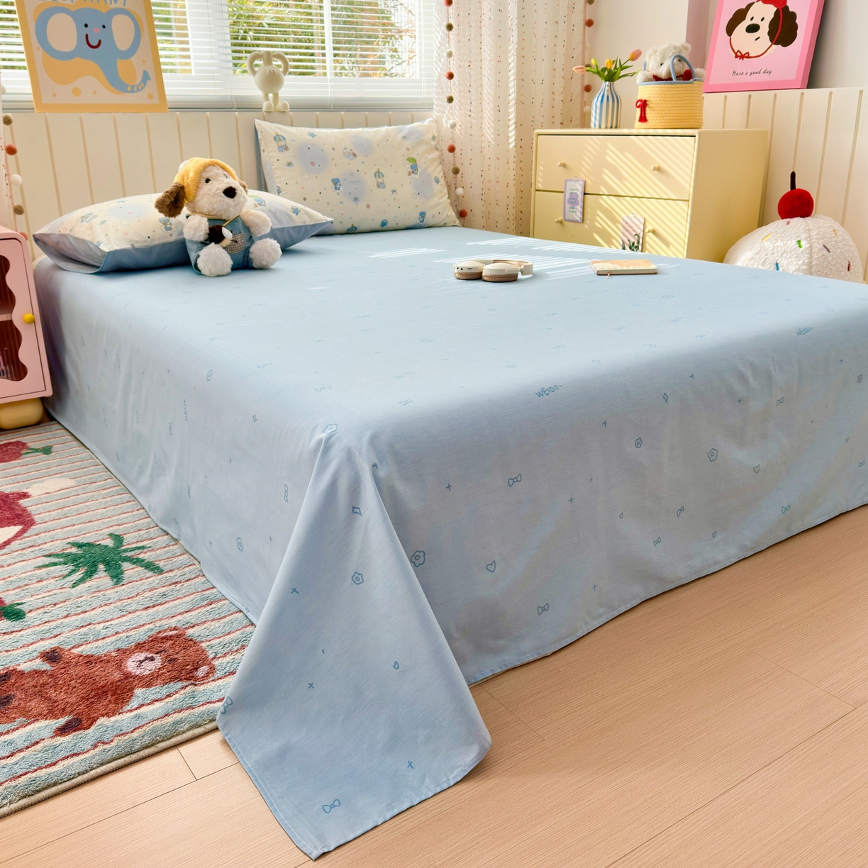 91家纺网 家纺一手货源 找家纺 梵克保罗 2026春夏新款ins小清新40支全棉13372四件套学生三件套单被套单枕套系列-第二批（四件套） 蓝色小象