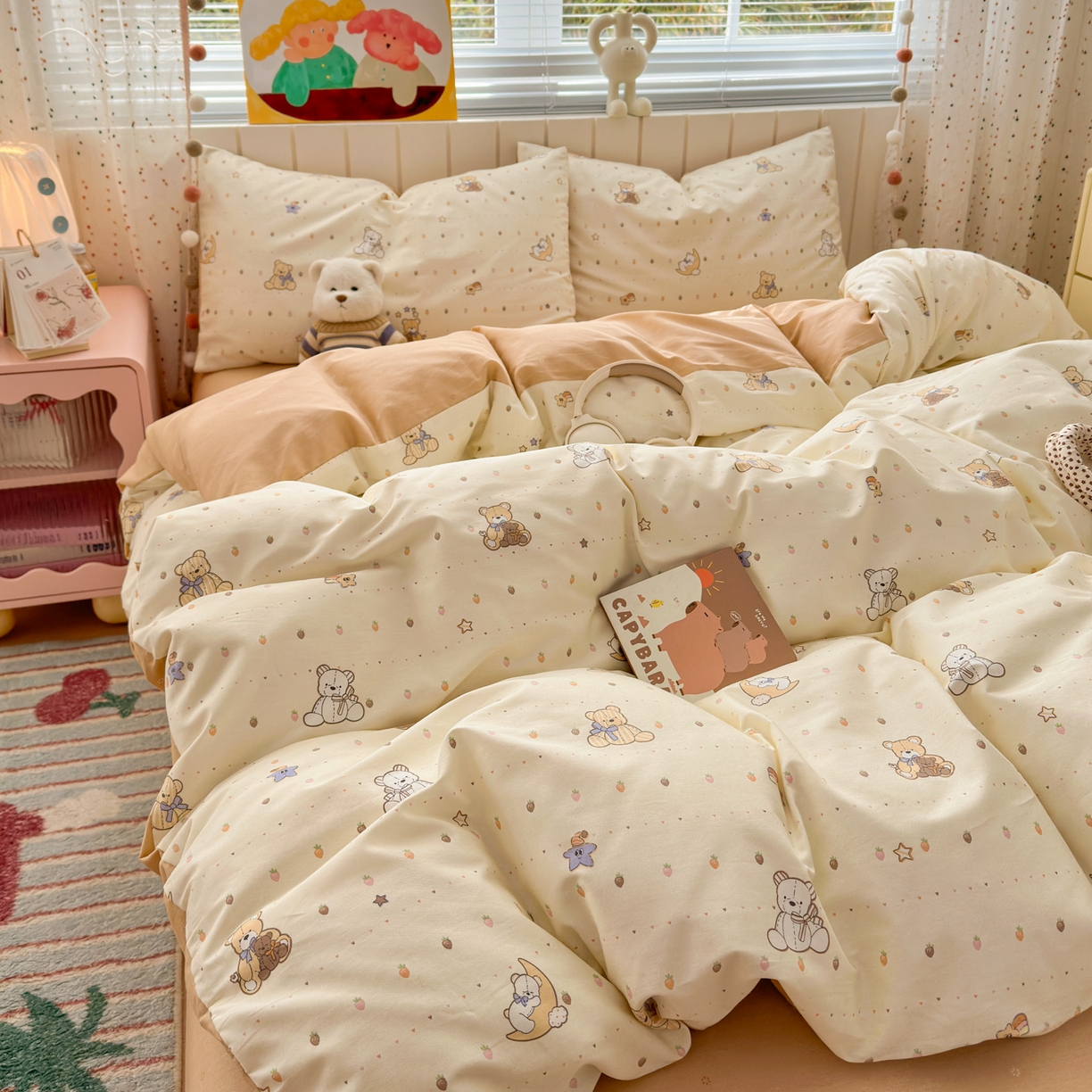 91家纺网 家纺一手货源 找家纺 梵克保罗 2026春夏新款ins小清新40支全棉13372四件套学生三件套单被套单枕套系列-第二批（四件套） 星星布偶