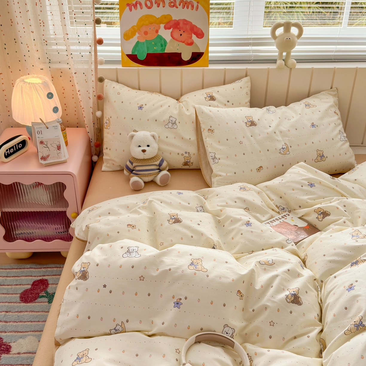 91家纺网 家纺一手货源 找家纺 梵克保罗 2026春夏新款ins小清新40支全棉13372四件套学生三件套单被套单枕套系列-第二批（四件套） 星星布偶