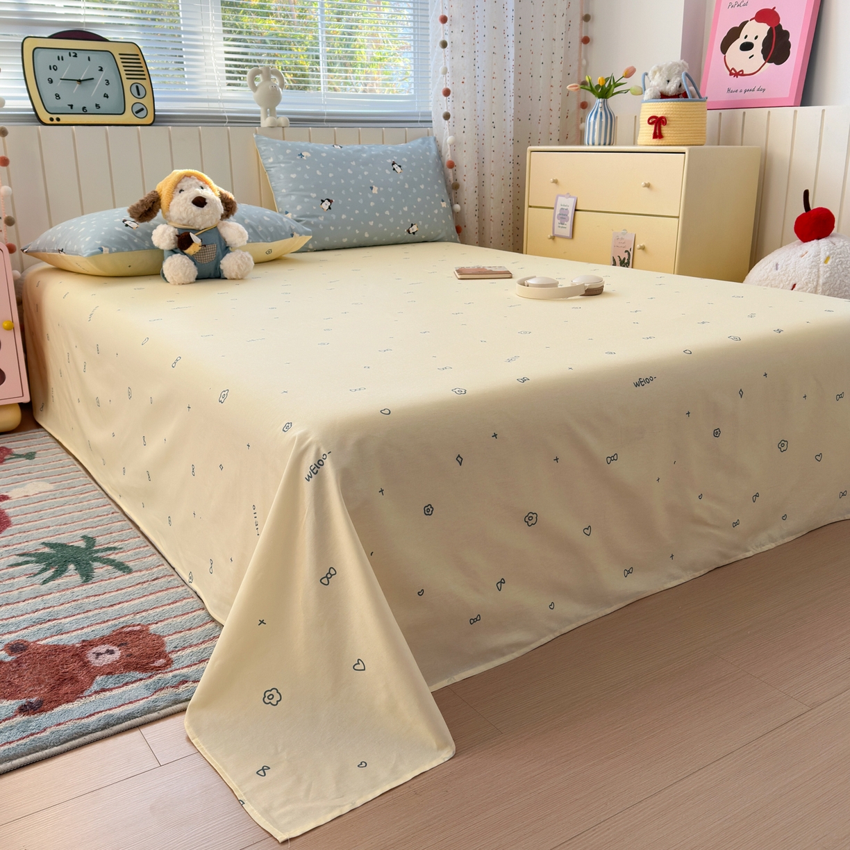 91家纺网 家纺一手货源 找家纺 梵克保罗 2026春夏新款ins小清新40支全棉13372四件套学生三件套单被套单枕套系列-第二批（四件套） 星星企鹅