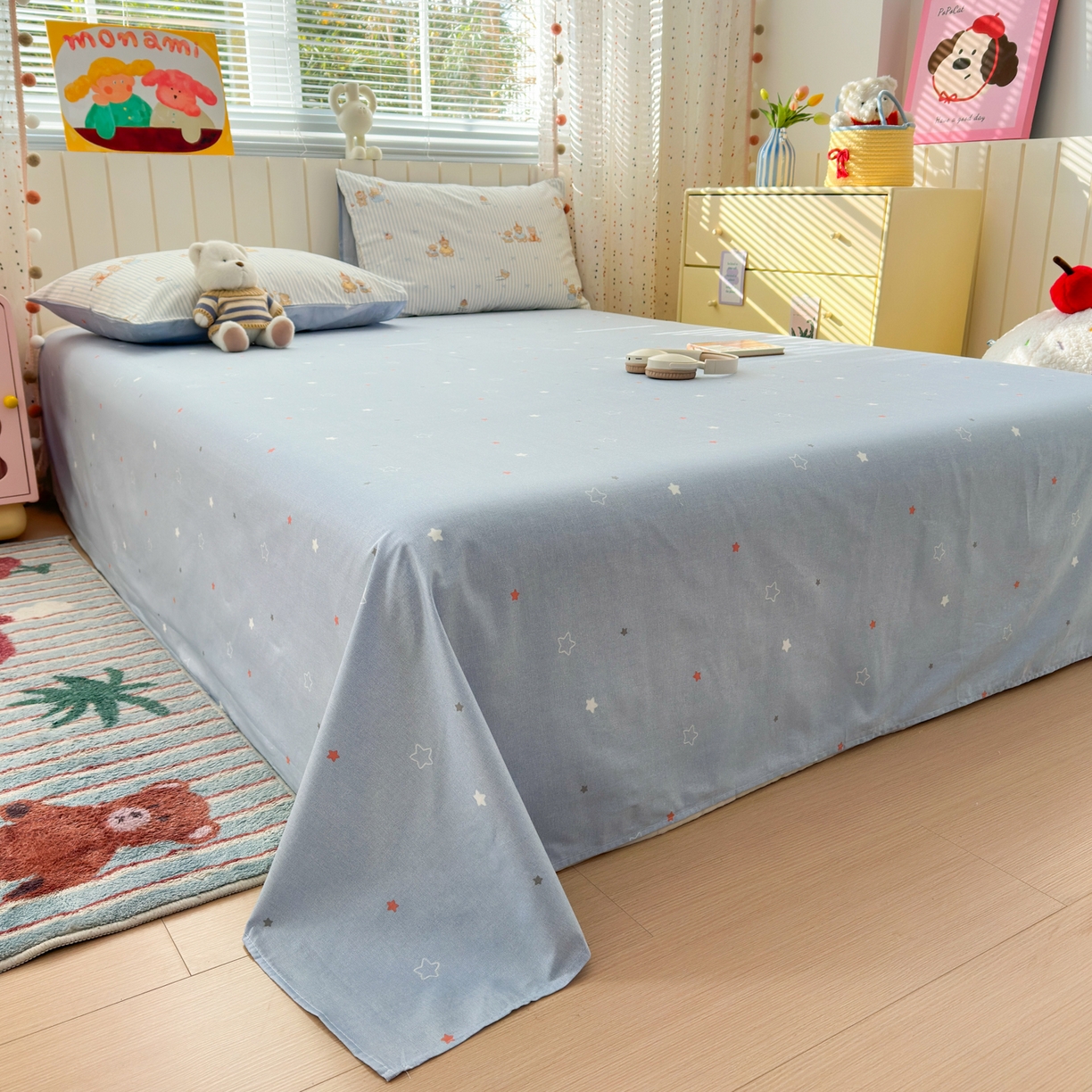 91家纺网 家纺一手货源 找家纺 梵克保罗 2026春夏新款ins小清新40支全棉13372四件套学生三件套单被套单枕套系列-第二批（四件套） 幸福小熊