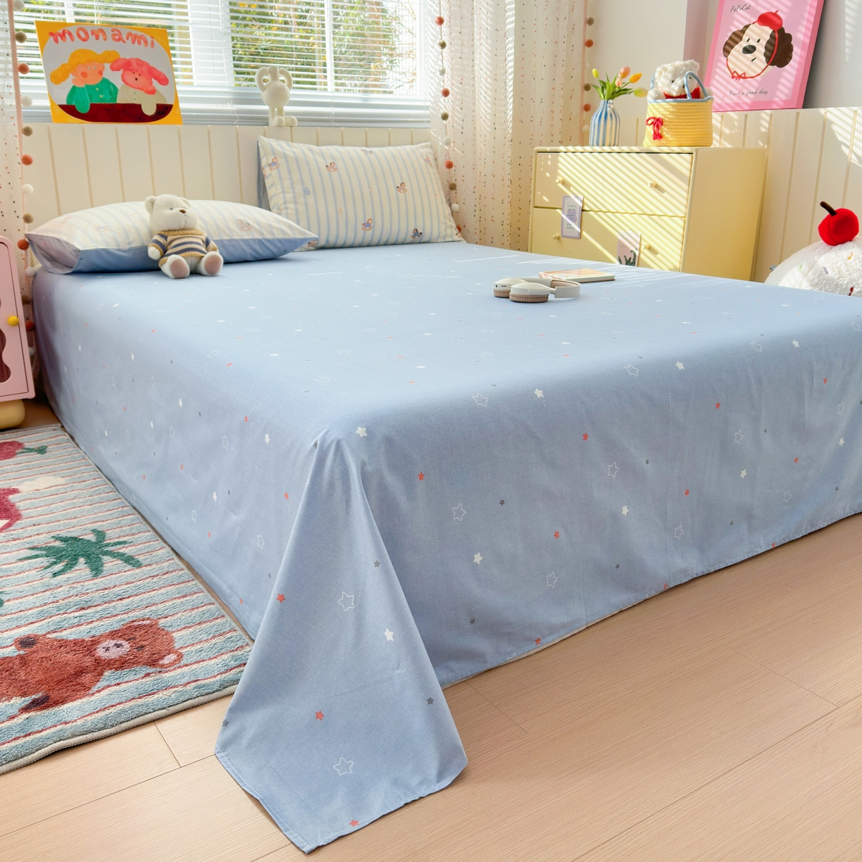 91家纺网 家纺一手货源 找家纺 梵克保罗 2026春夏新款ins小清新40支全棉13372四件套学生三件套单被套单枕套系列-第二批（四件套） 跷跷马