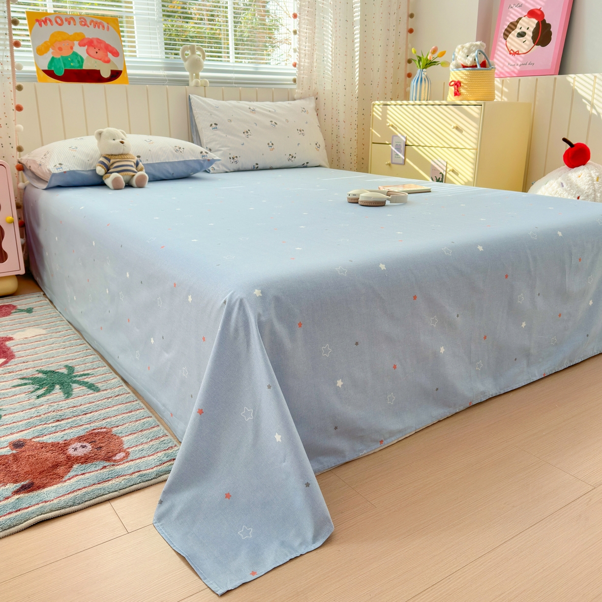 91家纺网 家纺一手货源 找家纺 梵克保罗 2026春夏新款ins小清新40支全棉13372四件套学生三件套单被套单枕套系列-第二批（四件套） 月亮狗