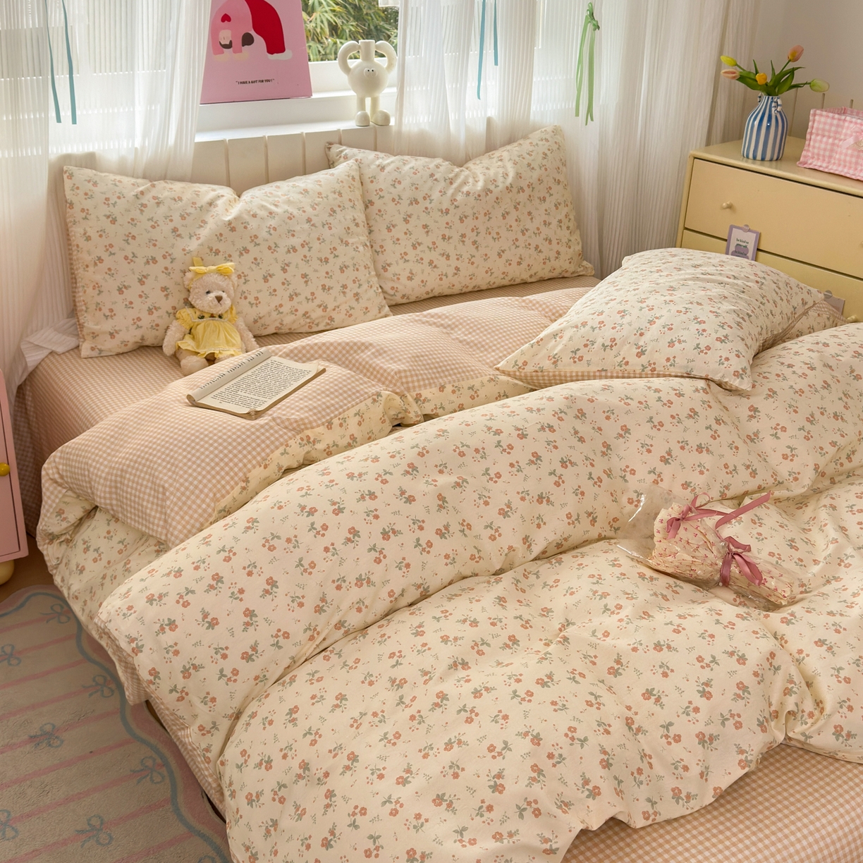 91家纺网 家纺一手货源 找家纺 梵克保罗 2026春夏新款ins小清新40支全棉13372四件套学生三件套单被套单枕套系列-第二批（四件套） 觅秋