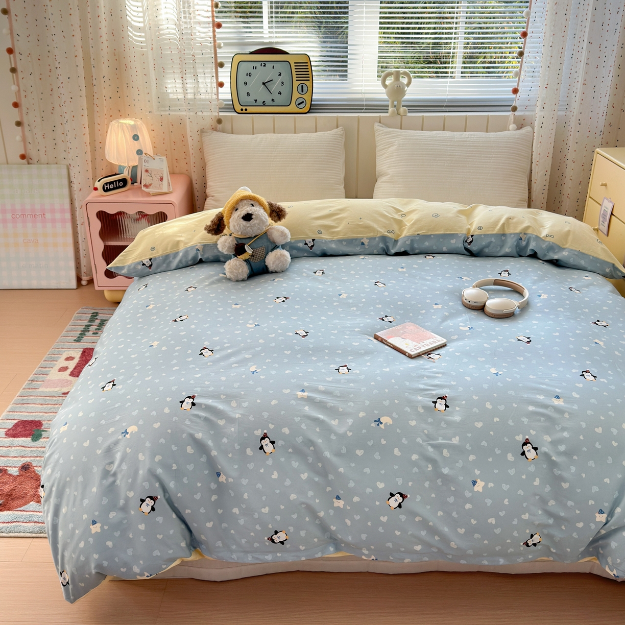91家纺网 家纺一手货源 找家纺 梵克保罗 2026春夏新款ins小清新40支全棉13372四件套学生三件套单被套单枕套系列-第二批（四件套） 星星企鹅