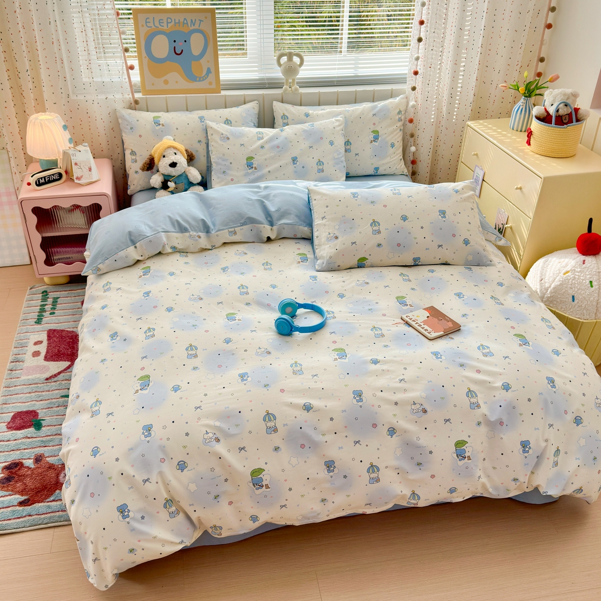 91家纺网 家纺一手货源 找家纺 梵克保罗 2026春夏新款ins小清新40支全棉13372四件套学生三件套单被套单枕套系列-第二批（四件套） 蓝色小象