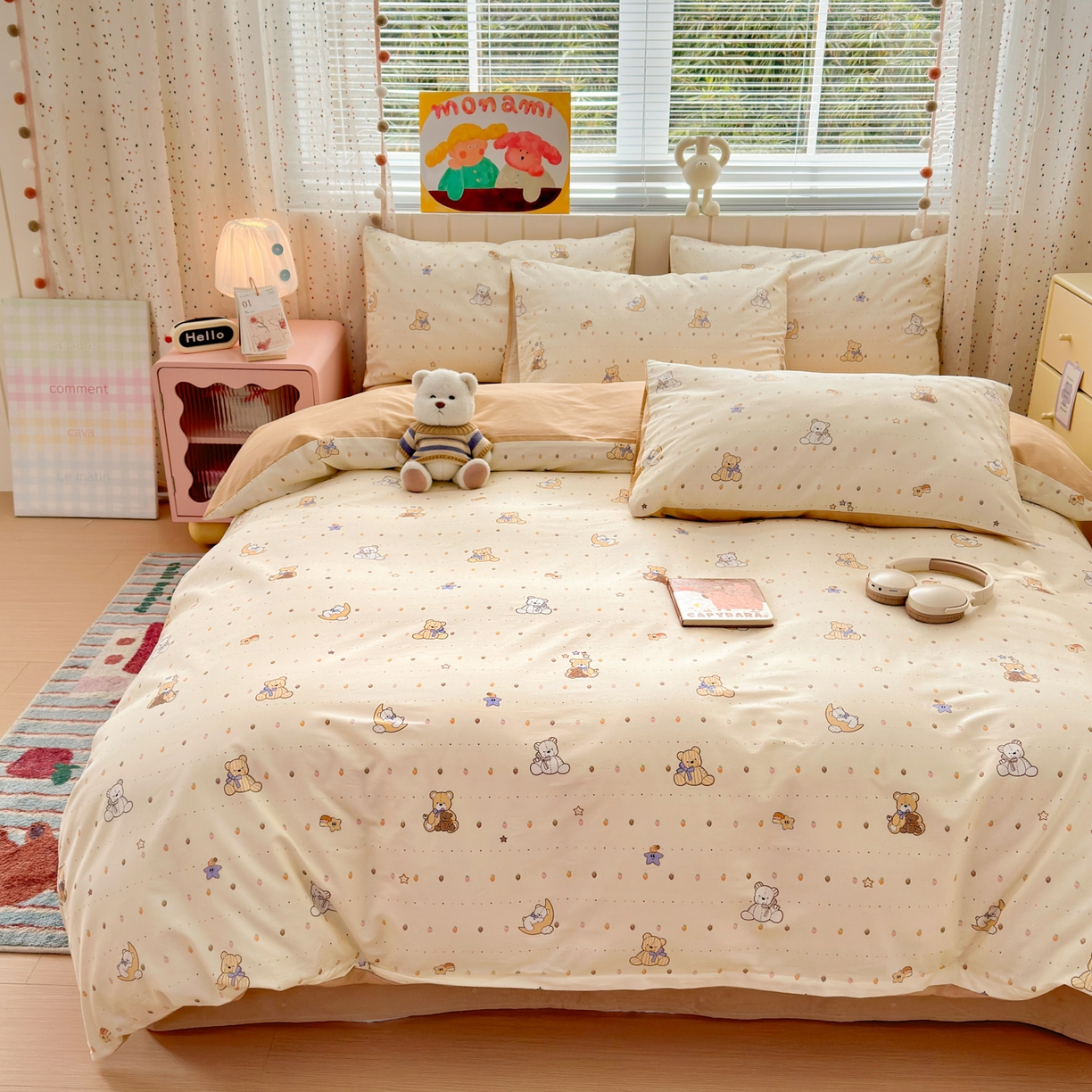 91家纺网 家纺一手货源 找家纺 梵克保罗 2026春夏新款ins小清新40支全棉13372四件套学生三件套单被套单枕套系列-第二批（四件套） 星星布偶