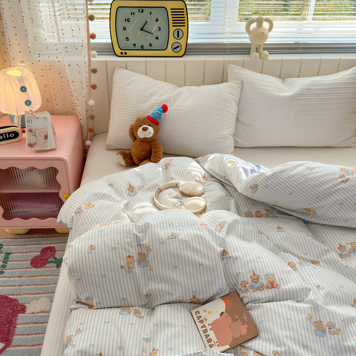 91家纺网 家纺一手货源 找家纺 梵克保罗 2026春夏新款ins小清新40支全棉13372四件套学生三件套单被套单枕套系列-第二批（四件套） 幸福小熊