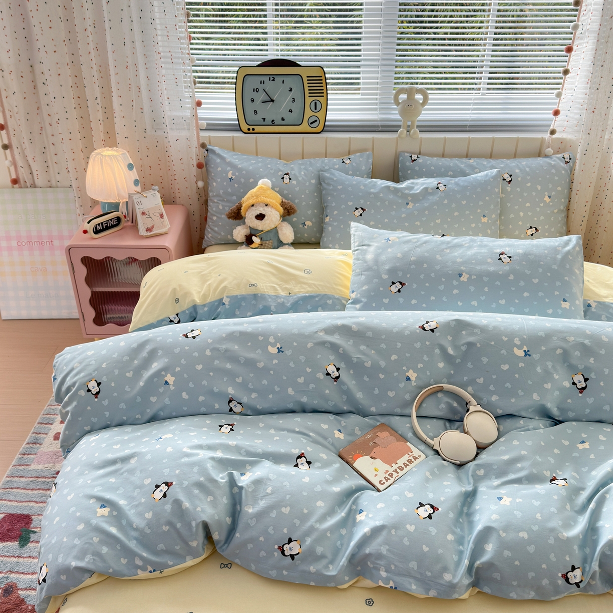 91家纺网 家纺一手货源 找家纺 梵克保罗 2026春夏新款ins小清新40支全棉13372四件套学生三件套单被套单枕套系列-第二批（四件套） 星星企鹅