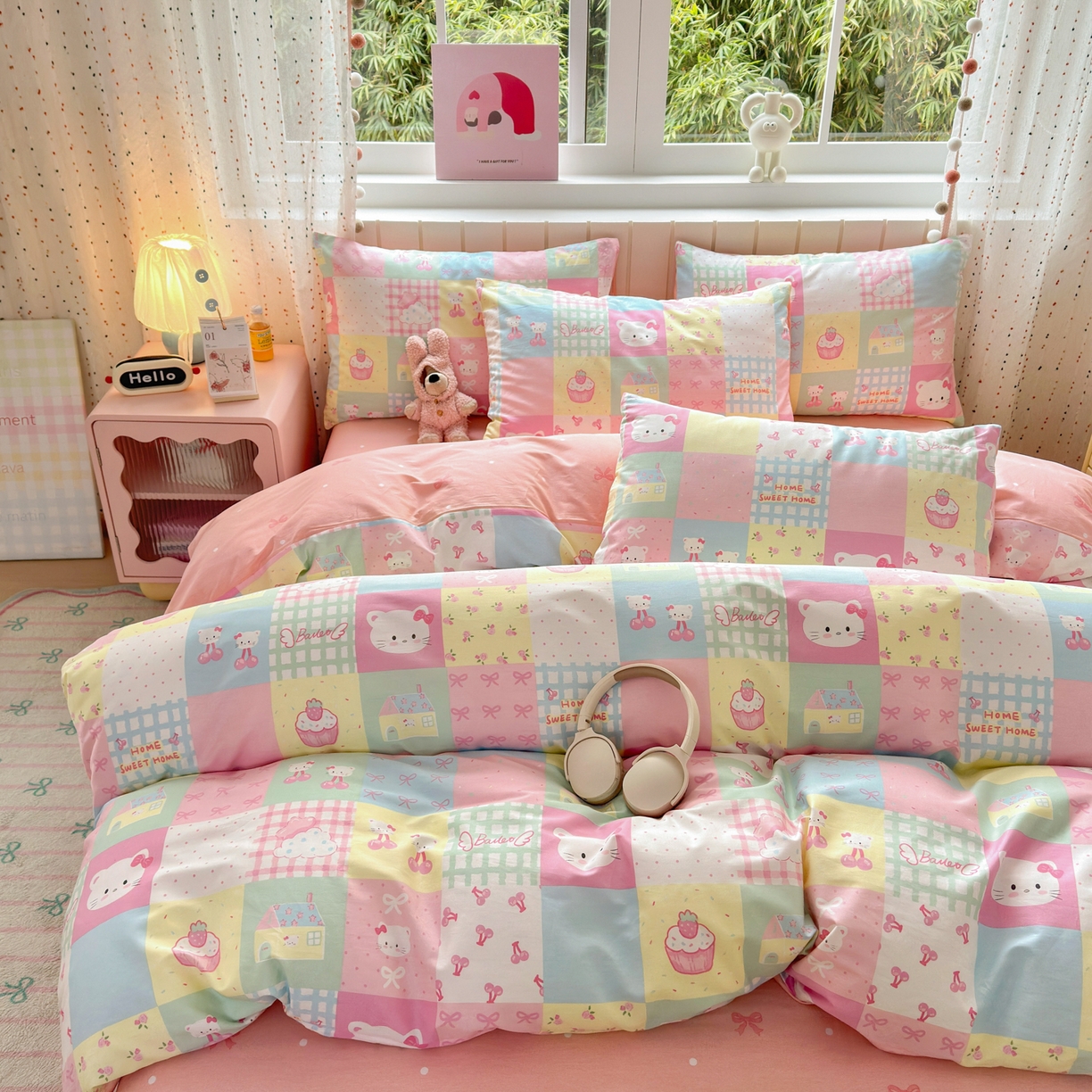 91家纺网 家纺一手货源 找家纺 梵克保罗 2026春夏新款ins小清新40支全棉13372四件套学生三件套单被套单枕套系列-第二批（四件套） 可爱喵喵