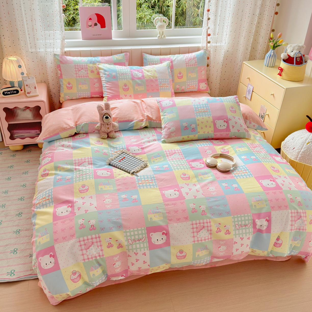 91家纺网 家纺一手货源 找家纺 梵克保罗 2026春夏新款ins小清新40支全棉13372四件套学生三件套单被套单枕套系列-第二批（四件套） 可爱喵喵