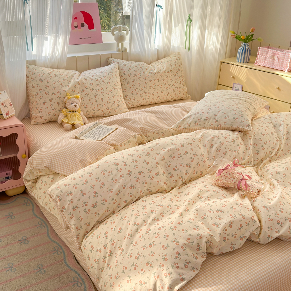 91家纺网 家纺一手货源 找家纺 梵克保罗 2026春夏新款ins小清新40支全棉13372四件套学生三件套单被套单枕套系列-第二批（四件套） 觅秋