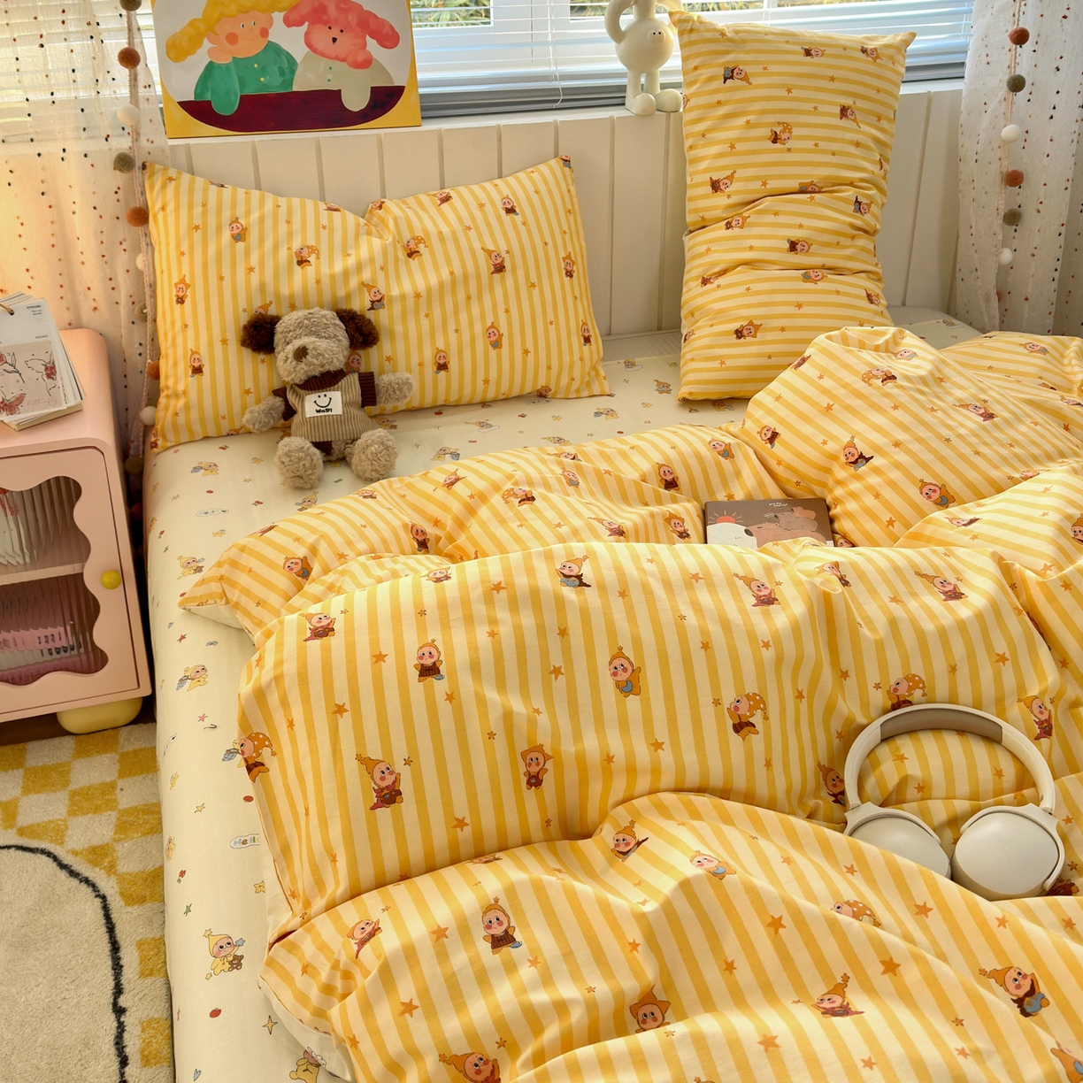 91家纺网 家纺一手货源 找家纺 梵克保罗 2026春夏新款ins小清新40支全棉13372四件套学生三件套单被套单枕套系列-第二批（四件套） 可爱萌星