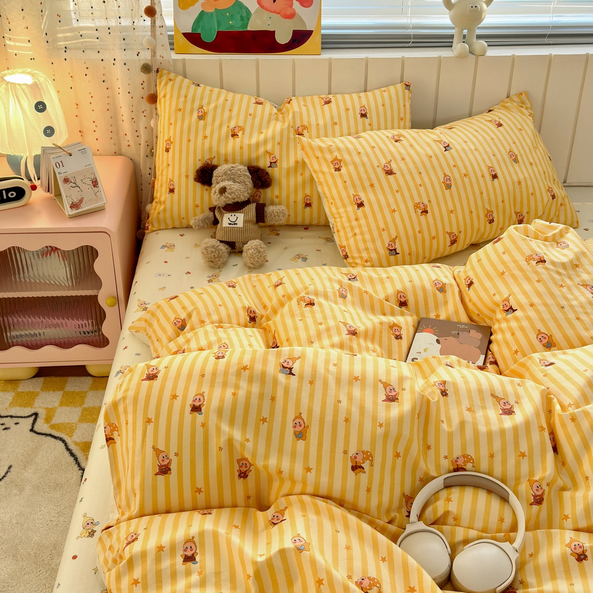 91家纺网 家纺一手货源 找家纺 梵克保罗 2026春夏新款ins小清新40支全棉13372四件套学生三件套单被套单枕套系列-第二批（四件套） 可爱萌星