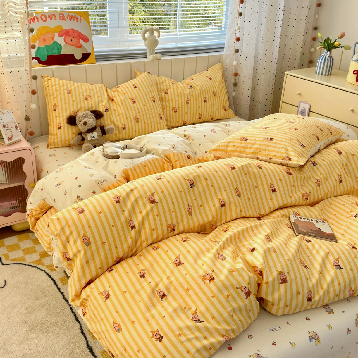 91家纺网 家纺一手货源 找家纺 梵克保罗 2026春夏新款ins小清新40支全棉13372四件套学生三件套单被套单枕套系列-第二批（四件套） 可爱萌星