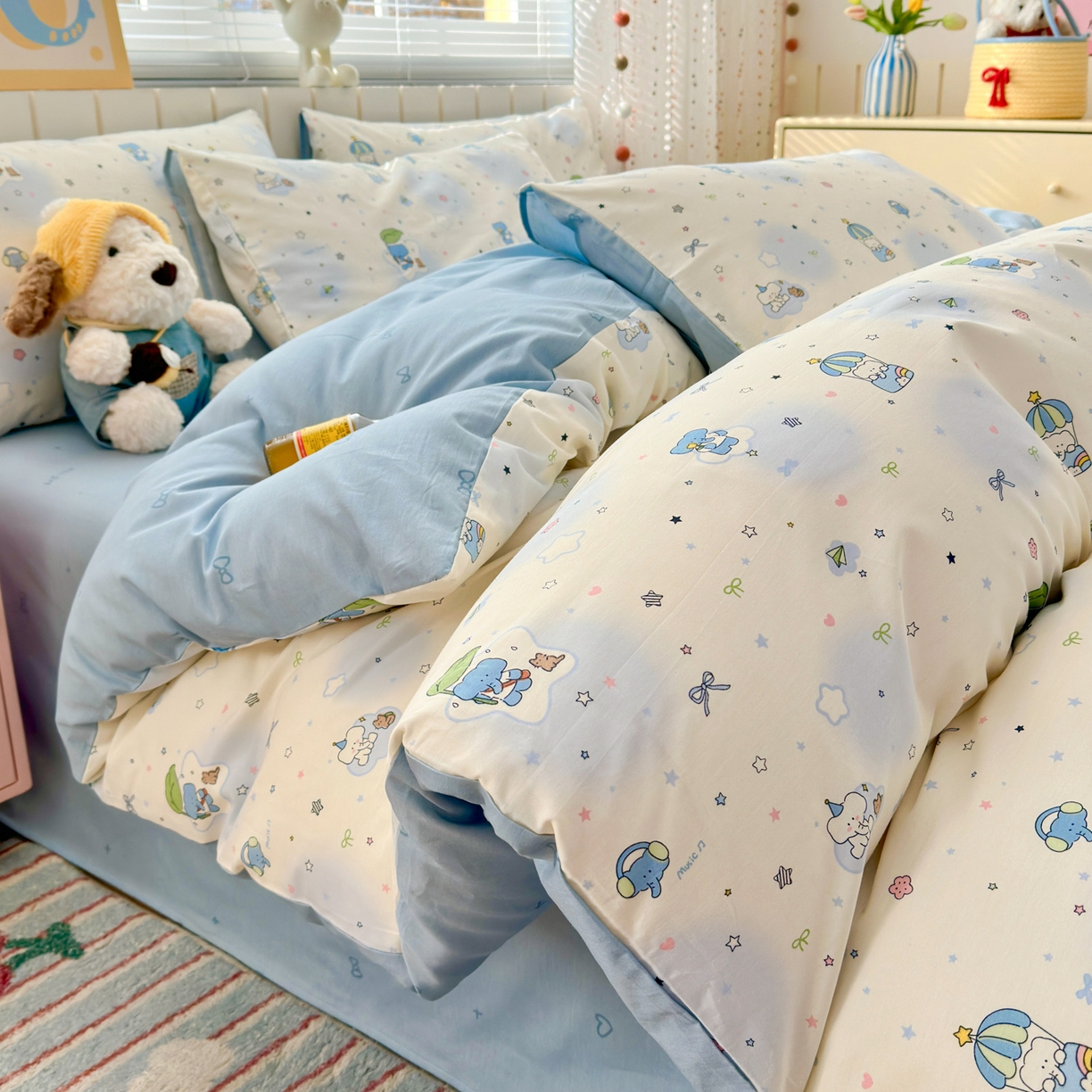 91家纺网 家纺一手货源 找家纺 梵克保罗 2026春夏新款ins小清新40支全棉13372四件套学生三件套单被套单枕套系列-第二批（四件套） 蓝色小象