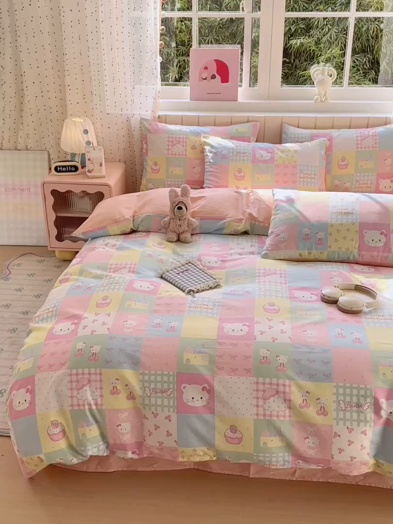 91家纺网 家纺一手货源 找家纺 梵克保罗 2026春夏新款ins小清新40支全棉13372四件套学生三件套单被套单枕套系列-第二批（四件套） 可爱喵喵
