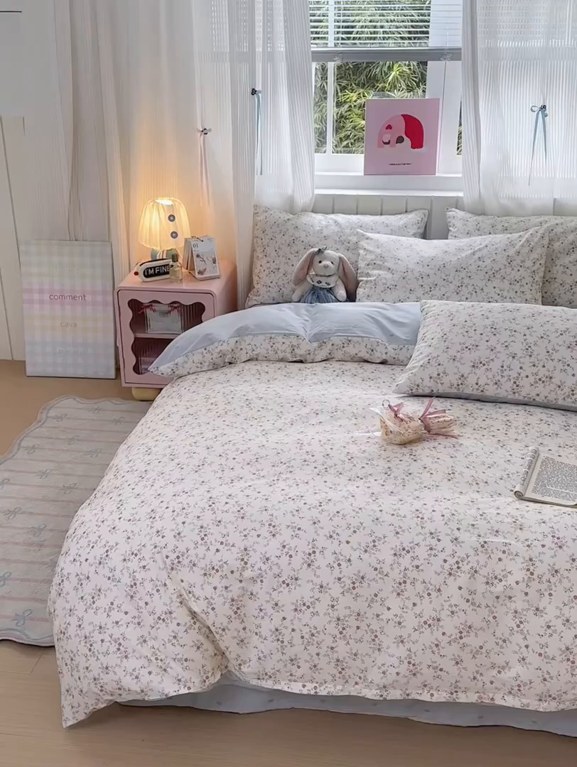 91家纺网 家纺一手货源 找家纺 梵克保罗 2026春夏新款ins小清新40支全棉13372四件套学生三件套单被套单枕套系列-第二批（四件套） 沫汐