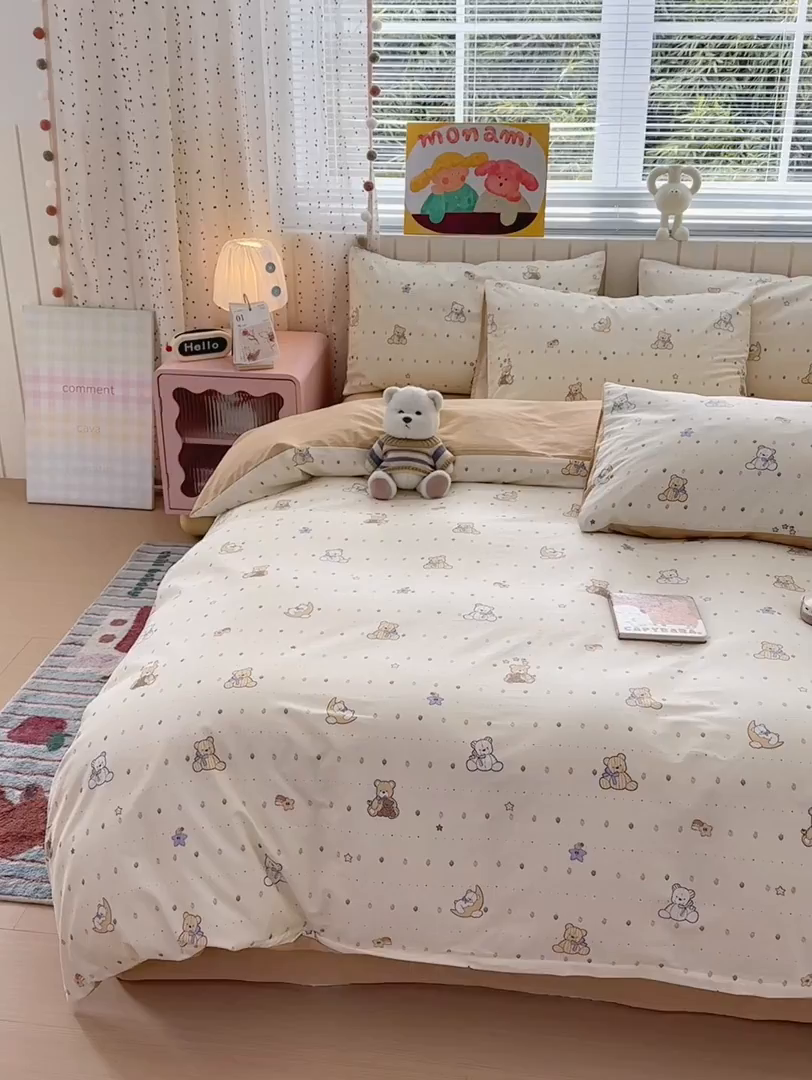 91家纺网 家纺一手货源 找家纺 梵克保罗 2026春夏新款ins小清新40支全棉13372四件套学生三件套单被套单枕套系列-第二批（四件套） 星星布偶