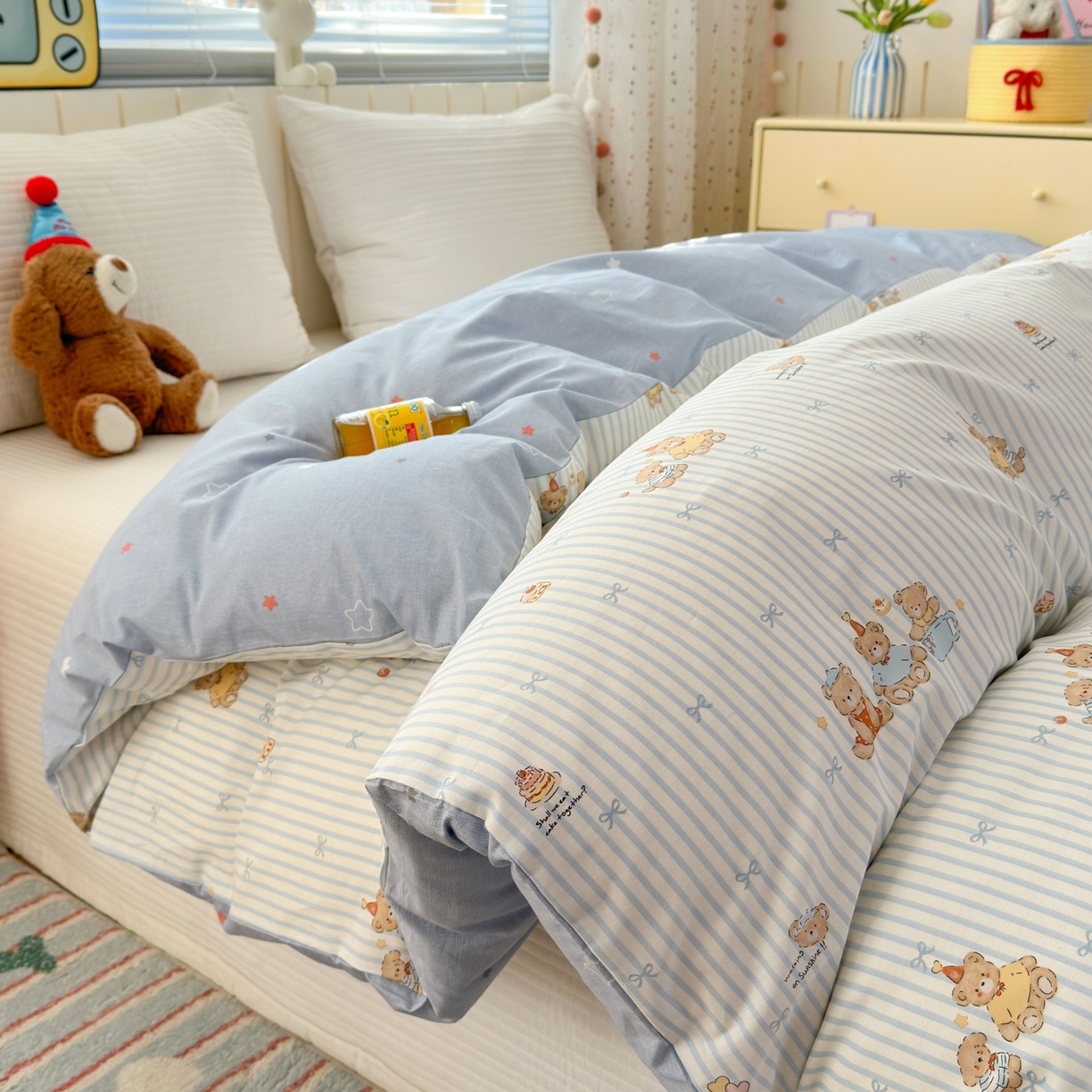 91家纺网 家纺一手货源 找家纺 梵克保罗 2026春夏新款ins小清新40支全棉13372四件套学生三件套单被套单枕套系列-第二批（单被套） 幸福小熊