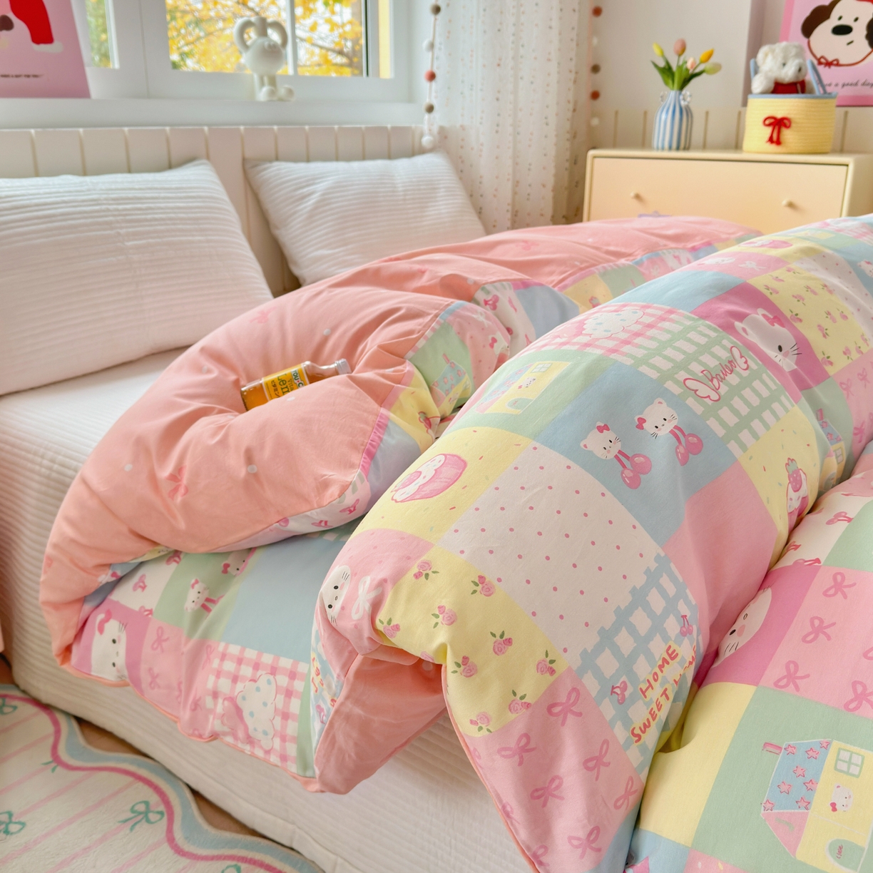 91家纺网 家纺一手货源 找家纺 梵克保罗 2026春夏新款ins小清新40支全棉13372四件套学生三件套单被套单枕套系列-第二批（单被套） 可爱喵喵
