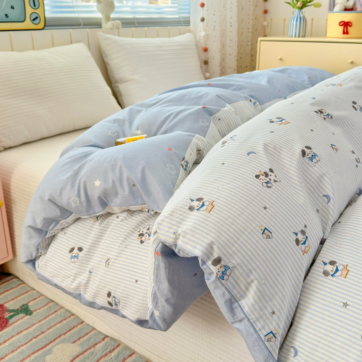 91家纺网 家纺一手货源 找家纺 梵克保罗 2026春夏新款ins小清新40支全棉13372四件套学生三件套单被套单枕套系列-第二批（单被套） 月亮狗