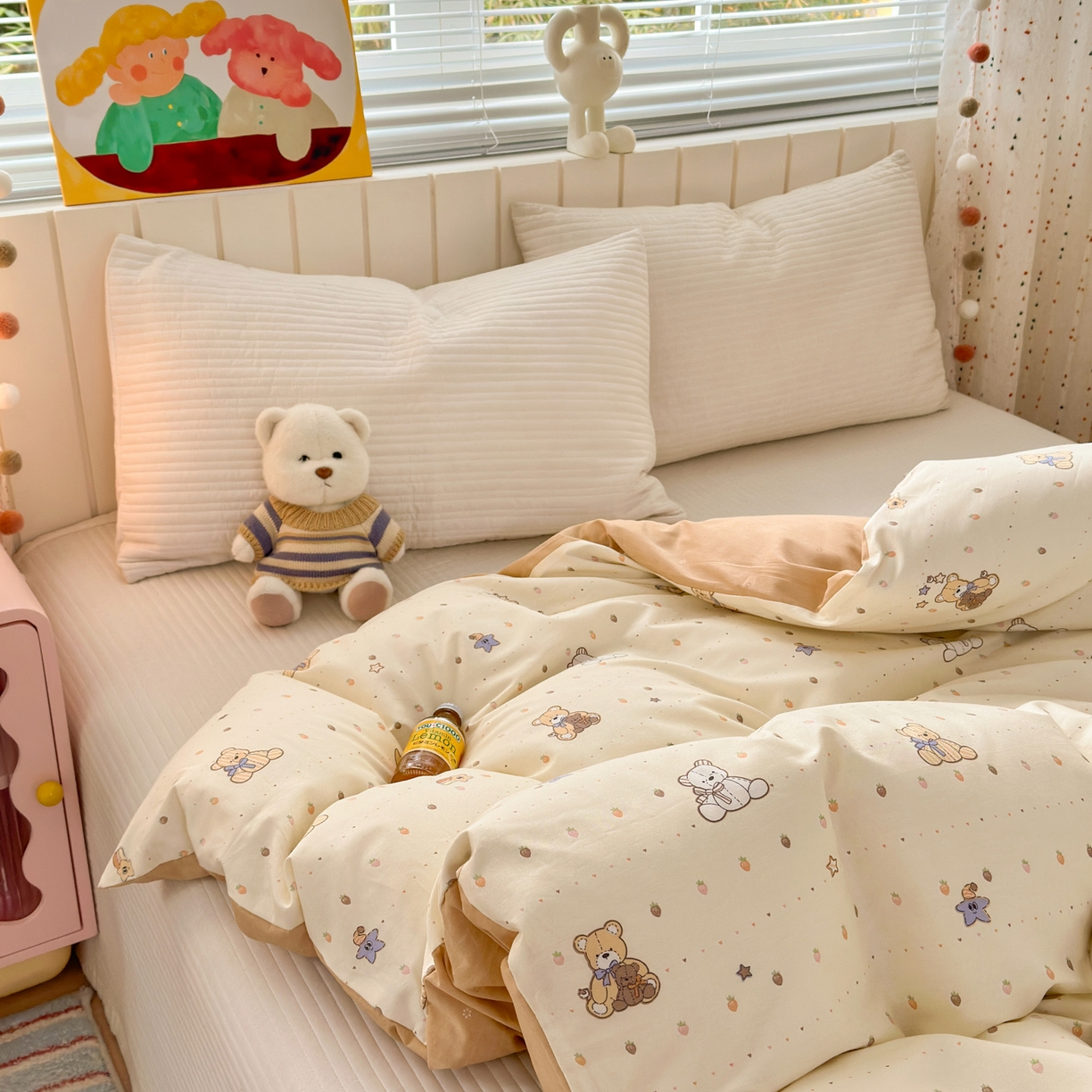 91家纺网 家纺一手货源 找家纺 梵克保罗 2026春夏新款ins小清新40支全棉13372四件套学生三件套单被套单枕套系列-第二批（单被套） 星星布偶