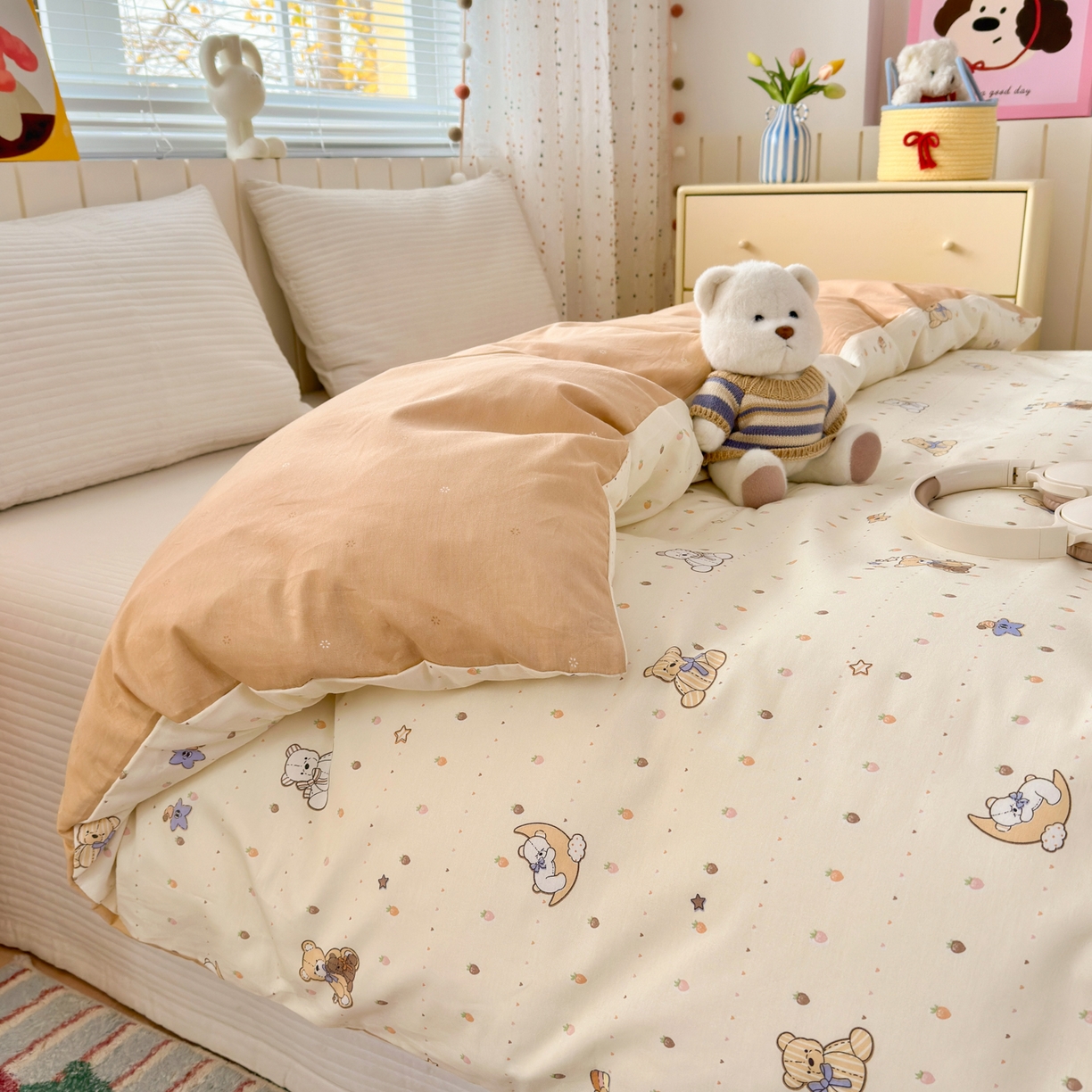 91家纺网 家纺一手货源 找家纺 梵克保罗 2026春夏新款ins小清新40支全棉13372四件套学生三件套单被套单枕套系列-第二批（单被套） 星星布偶