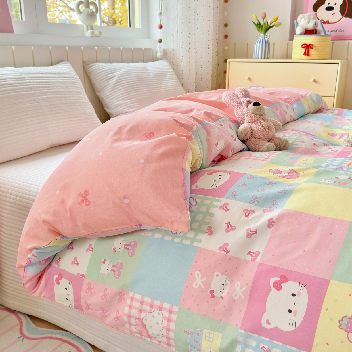 91家纺网 家纺一手货源 找家纺 梵克保罗 2026春夏新款ins小清新40支全棉13372四件套学生三件套单被套单枕套系列-第二批（单被套） 可爱喵喵