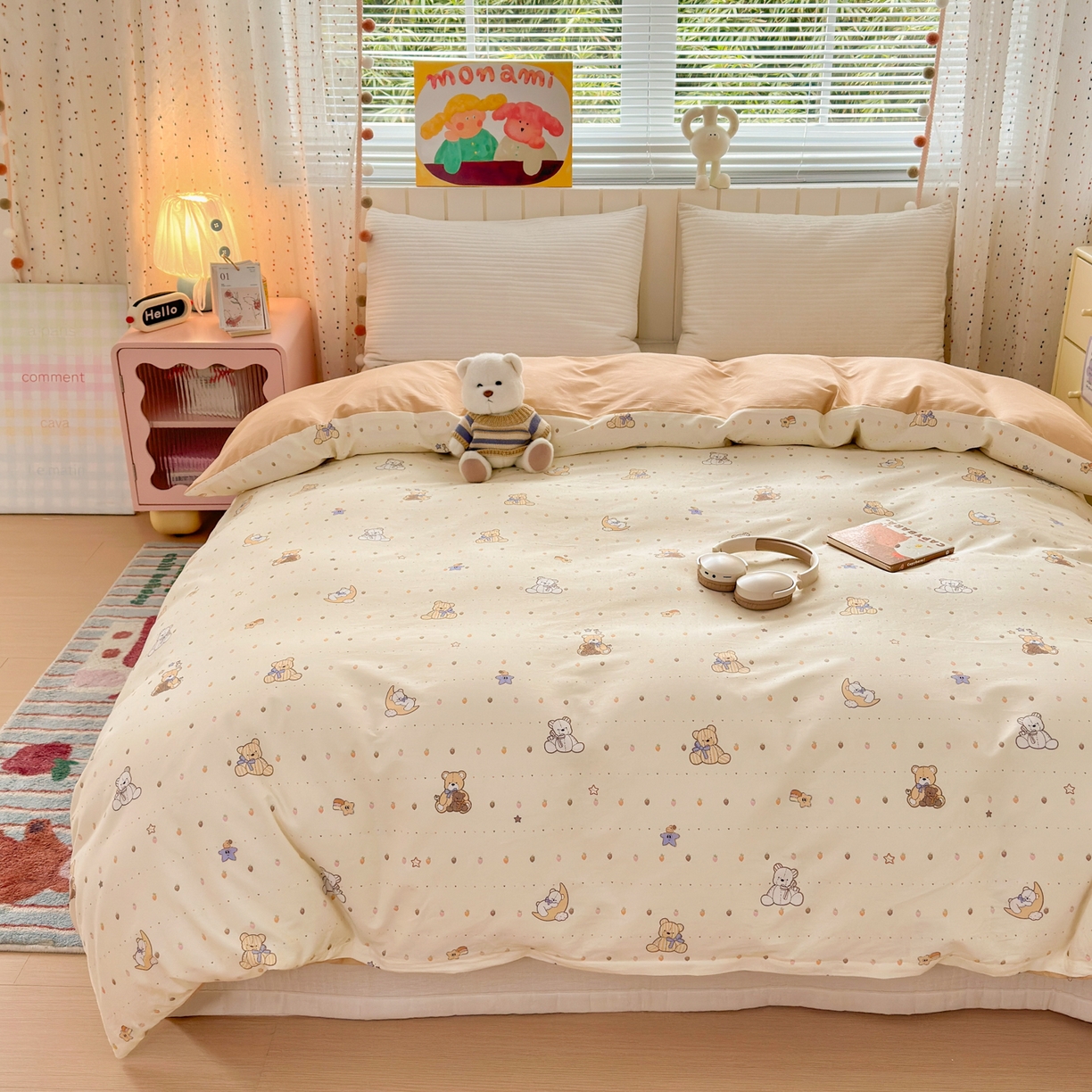 91家纺网 家纺一手货源 找家纺 梵克保罗 2026春夏新款ins小清新40支全棉13372四件套学生三件套单被套单枕套系列-第二批（单被套） 星星布偶