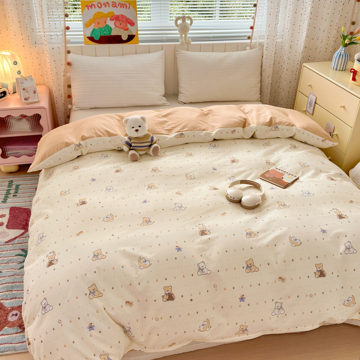 91家纺网 家纺一手货源 找家纺 梵克保罗 2026春夏新款ins小清新40支全棉13372四件套学生三件套单被套单枕套系列-第二批（单被套） 星星布偶