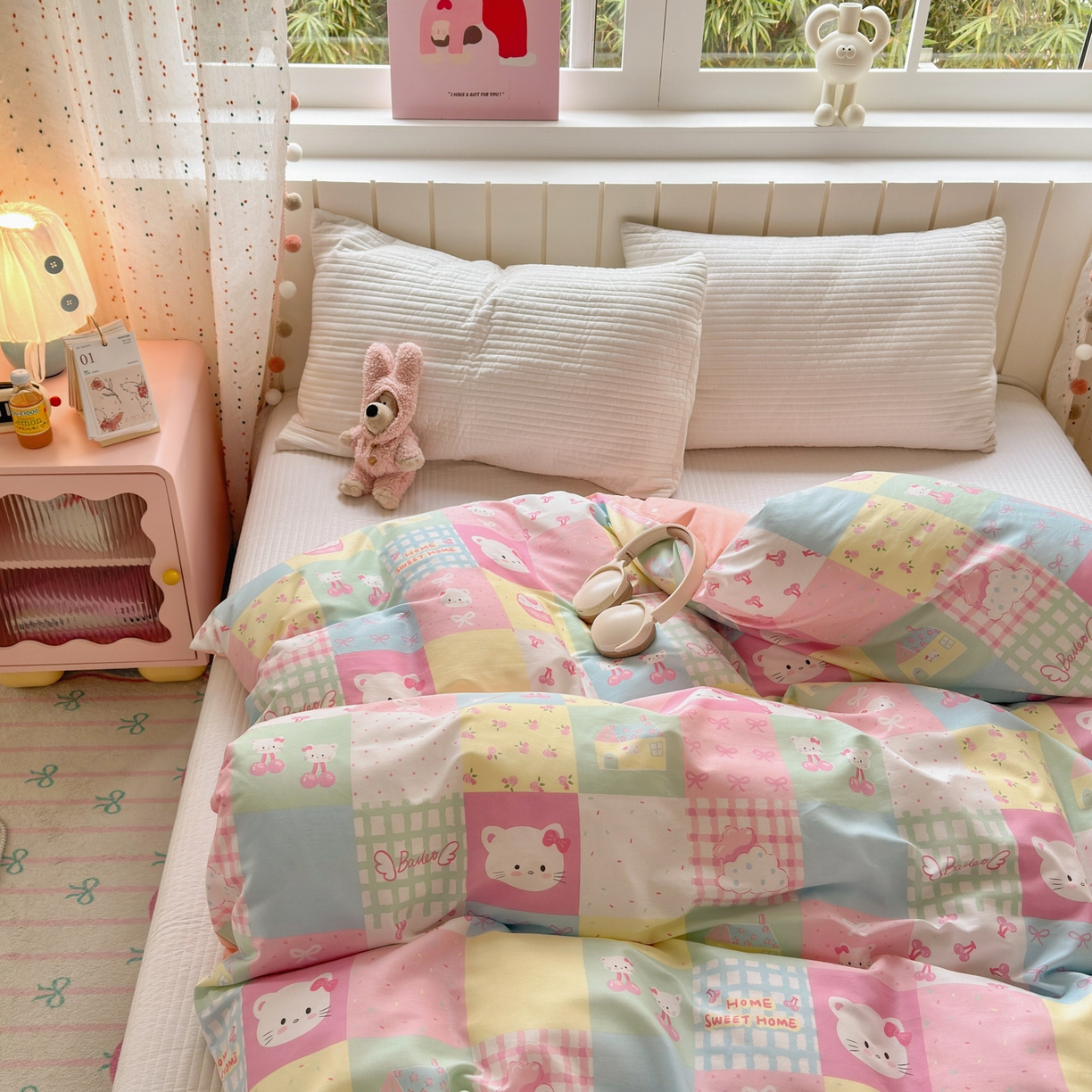 91家纺网 家纺一手货源 找家纺 梵克保罗 2026春夏新款ins小清新40支全棉13372四件套学生三件套单被套单枕套系列-第二批（单被套） 可爱喵喵