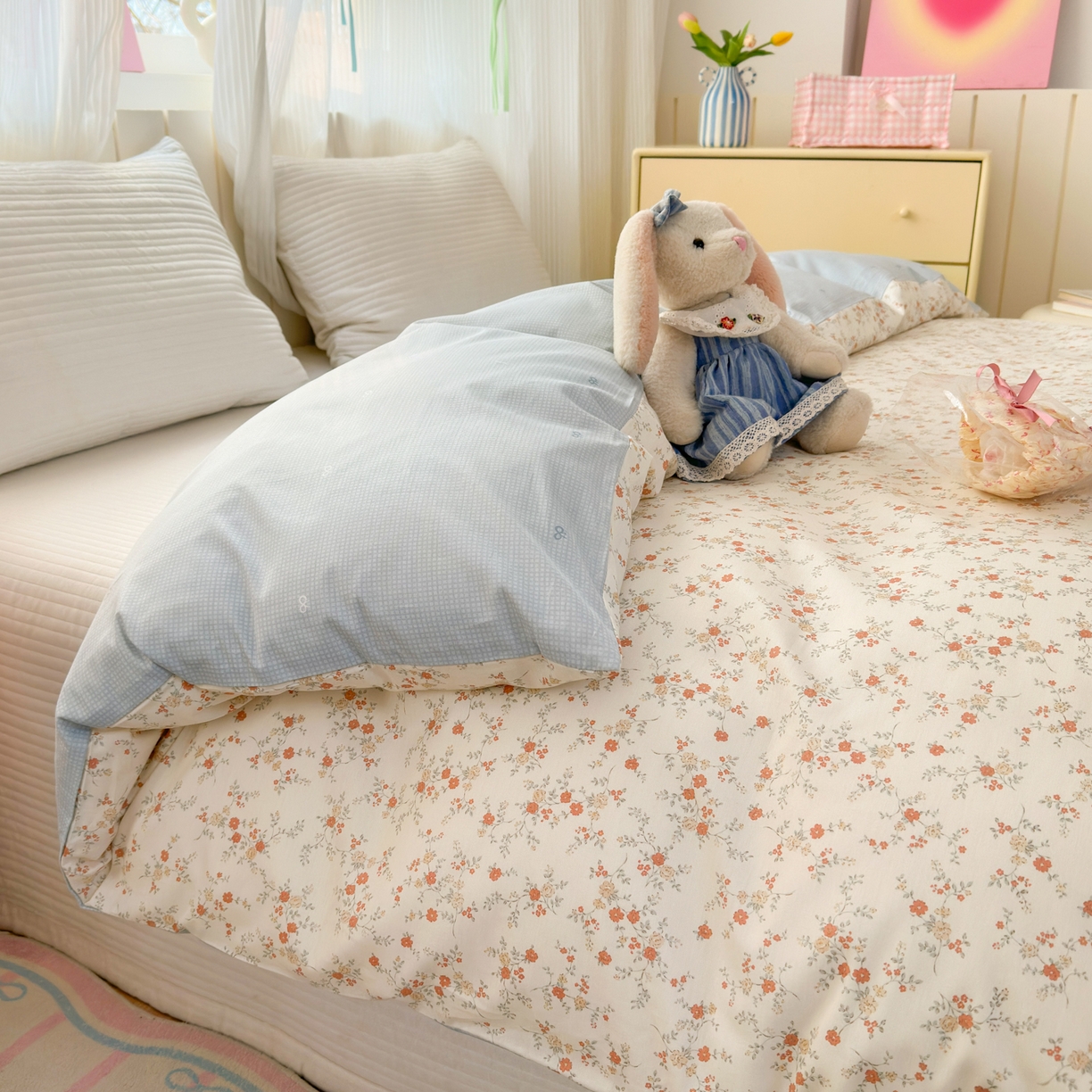 91家纺网 家纺一手货源 找家纺 梵克保罗 2026春夏新款ins小清新40支全棉13372四件套学生三件套单被套单枕套系列-第二批（单被套） 沫汐