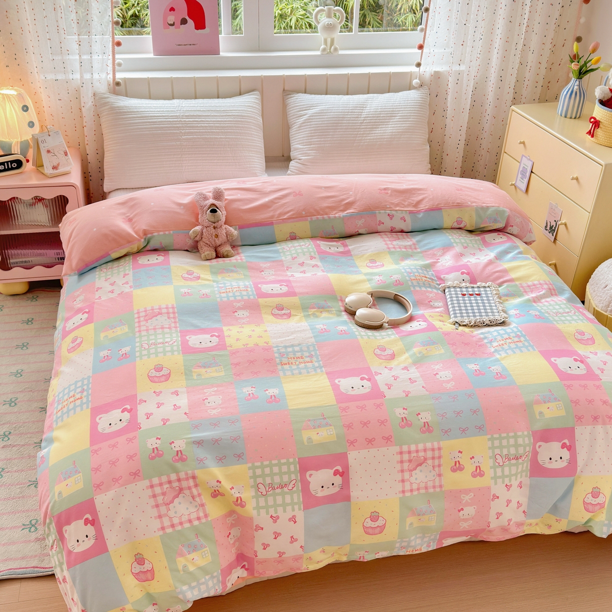 91家纺网 家纺一手货源 找家纺 梵克保罗 2026春夏新款ins小清新40支全棉13372四件套学生三件套单被套单枕套系列-第二批（单被套） 可爱喵喵