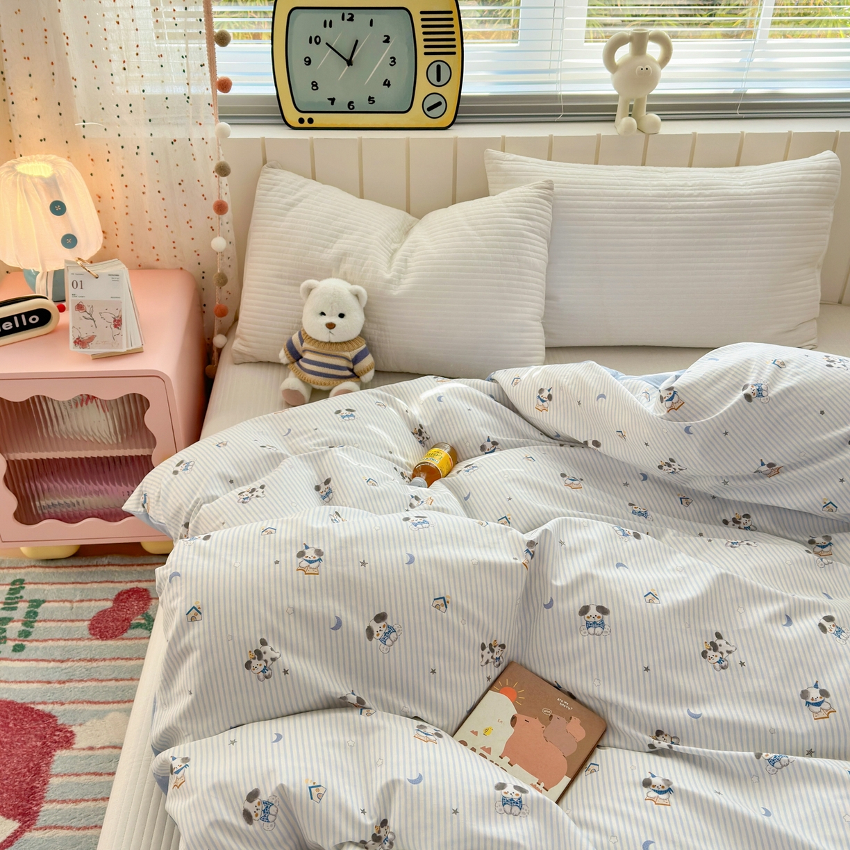 91家纺网 家纺一手货源 找家纺 梵克保罗 2026春夏新款ins小清新40支全棉13372四件套学生三件套单被套单枕套系列-第二批（单被套） 月亮狗