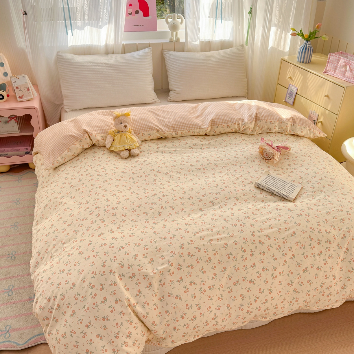 91家纺网 家纺一手货源 找家纺 梵克保罗 2026春夏新款ins小清新40支全棉13372四件套学生三件套单被套单枕套系列-第二批（单被套） 觅秋