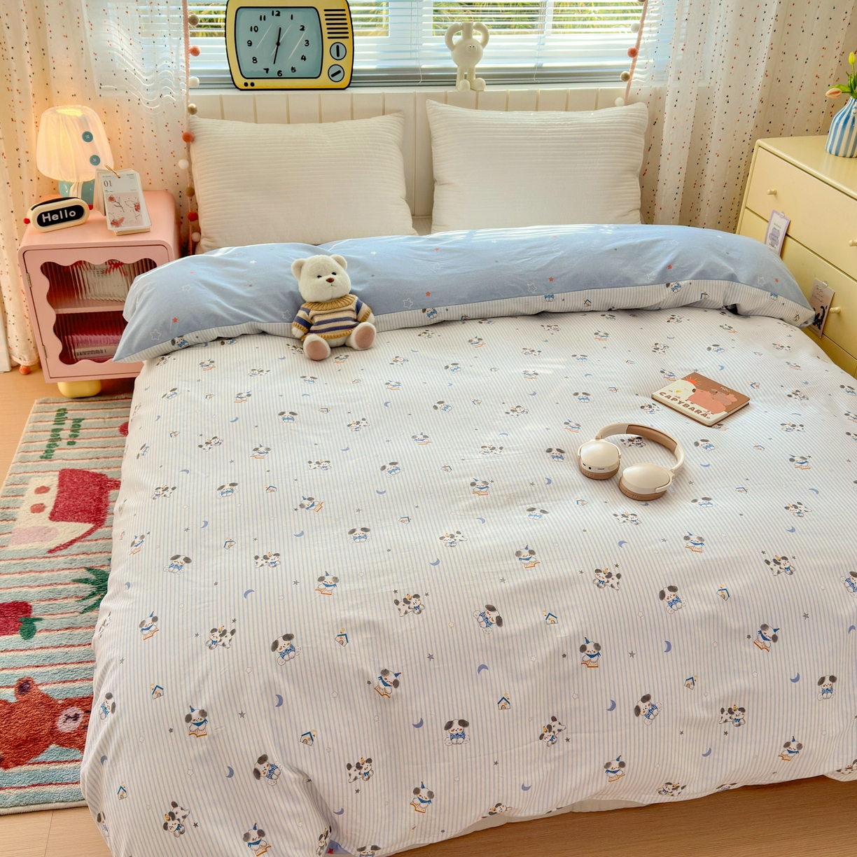 91家纺网 家纺一手货源 找家纺 梵克保罗 2026春夏新款ins小清新40支全棉13372四件套学生三件套单被套单枕套系列-第二批（单被套） 月亮狗