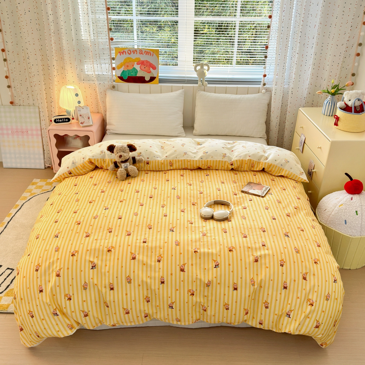 91家纺网 家纺一手货源 找家纺 梵克保罗 2026春夏新款ins小清新40支全棉13372四件套学生三件套单被套单枕套系列-第二批（单被套） 可爱萌星