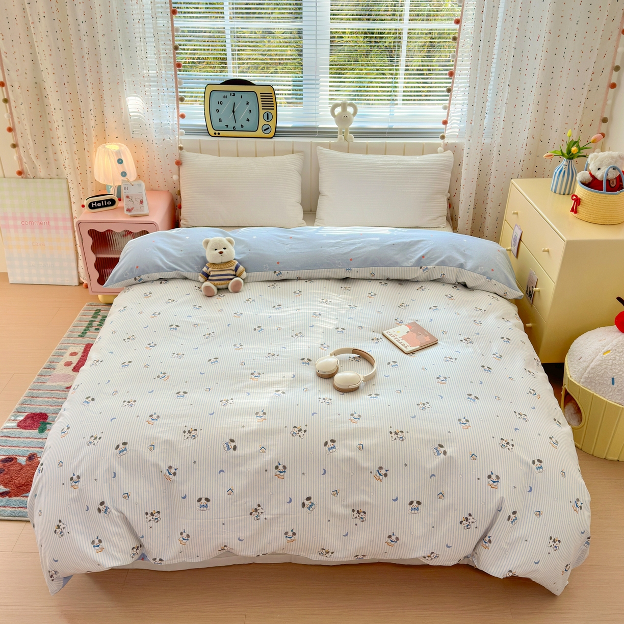 91家纺网 家纺一手货源 找家纺 梵克保罗 2026春夏新款ins小清新40支全棉13372四件套学生三件套单被套单枕套系列-第二批（单被套） 月亮狗