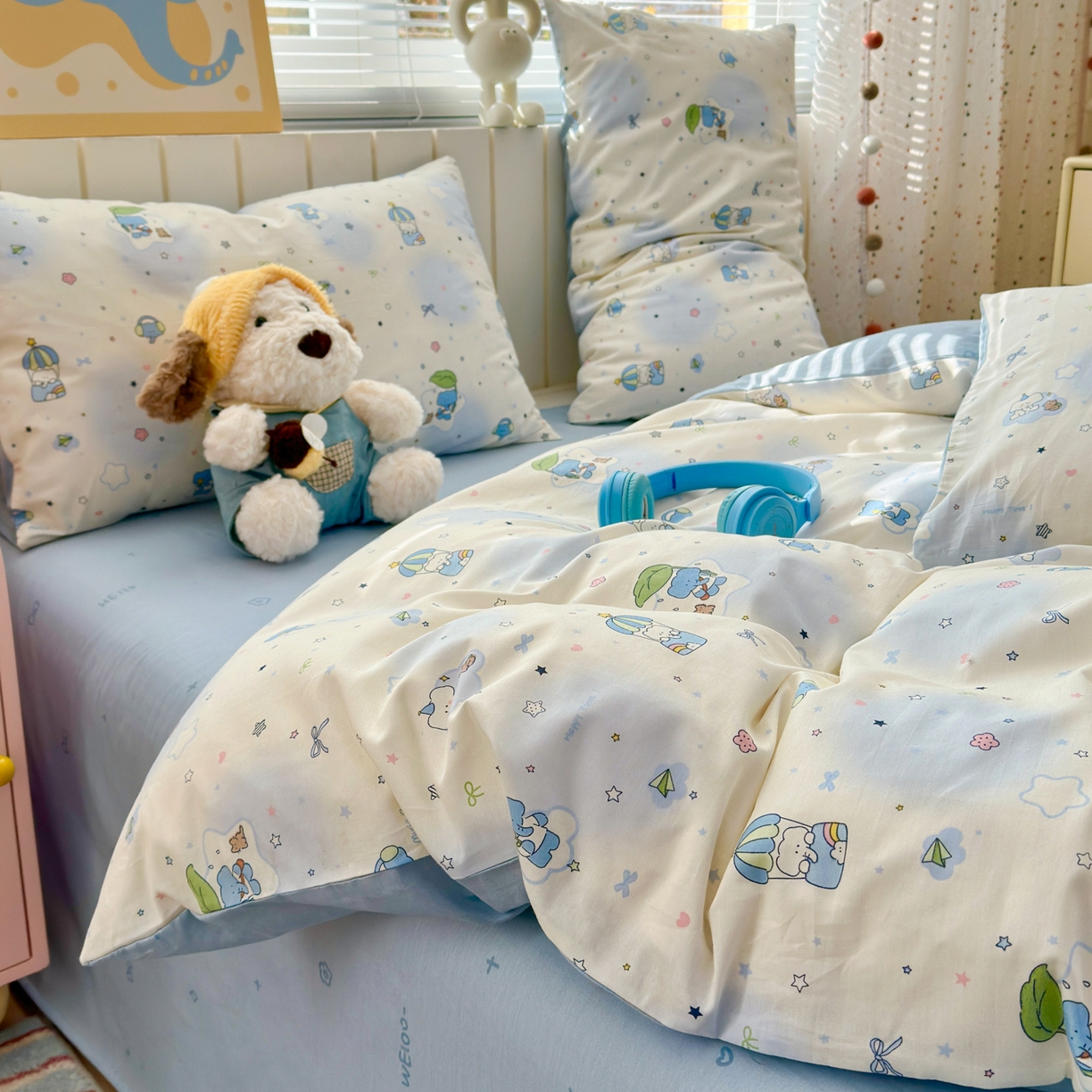 91家纺网 家纺一手货源 找家纺 梵克保罗 2026春夏新款ins小清新40支全棉13372四件套学生三件套单被套单枕套系列-第二批（单枕套） 蓝色小象