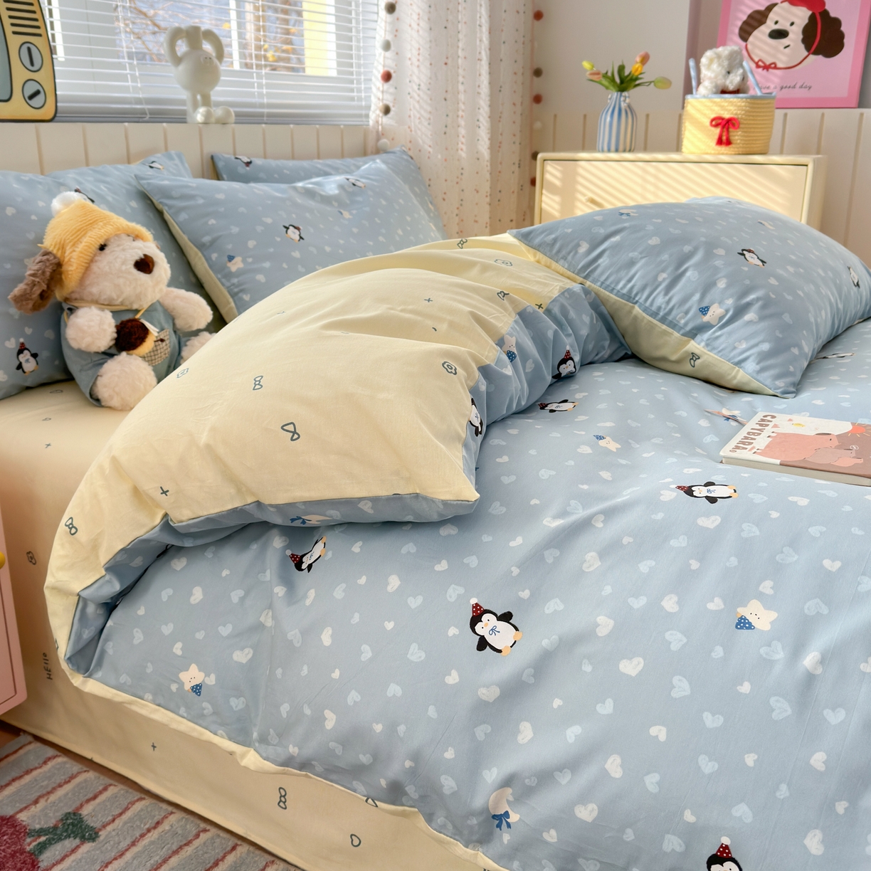 91家纺网 家纺一手货源 找家纺 梵克保罗 2026春夏新款ins小清新40支全棉13372四件套学生三件套单被套单枕套系列-第二批（单枕套） 星星企鹅