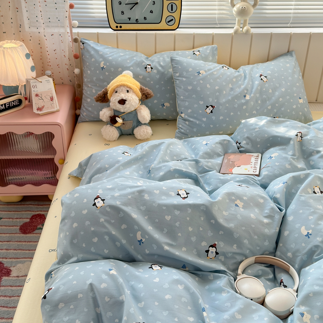 91家纺网 家纺一手货源 找家纺 梵克保罗 2026春夏新款ins小清新40支全棉13372四件套学生三件套单被套单枕套系列-第二批（单枕套） 星星企鹅
