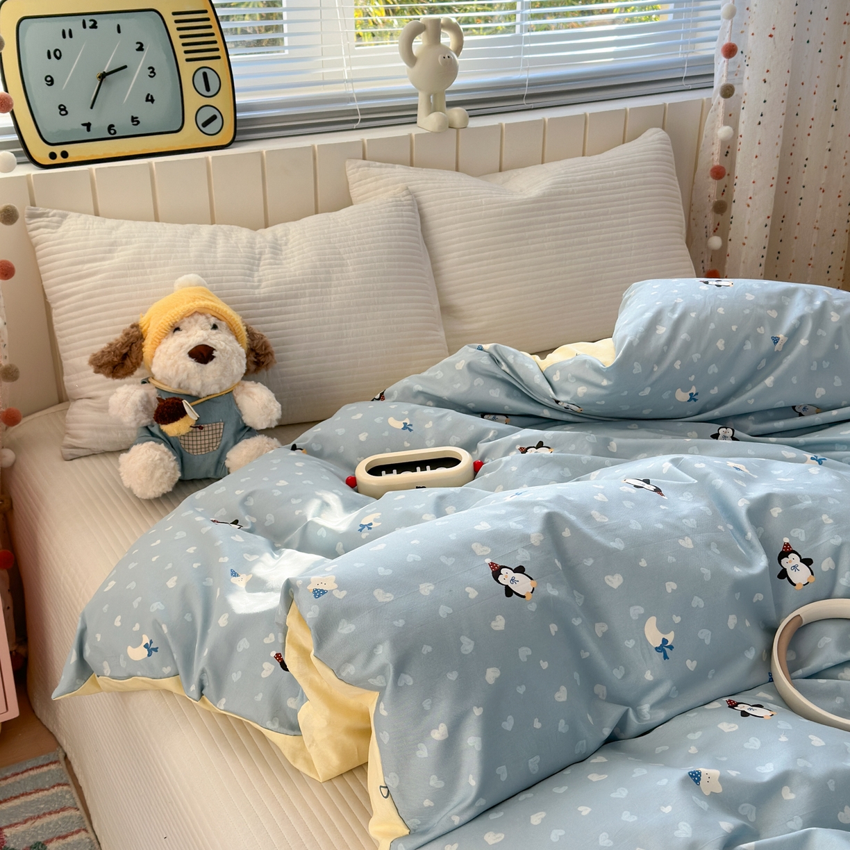 91家纺网 家纺一手货源 找家纺 梵克保罗 2026春夏新款ins小清新40支全棉13372四件套学生三件套单被套单枕套系列-第二批（单枕套） 星星企鹅