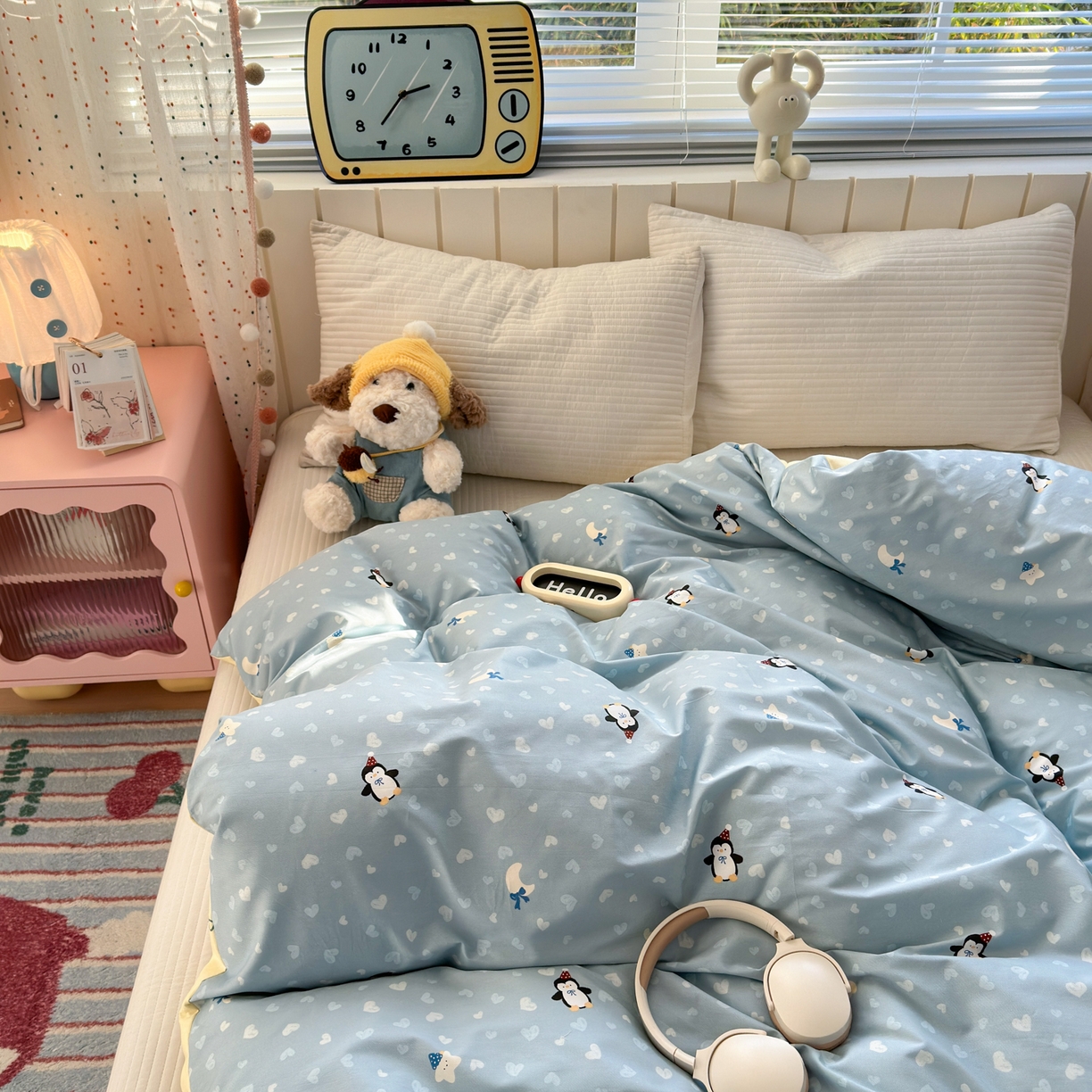 91家纺网 家纺一手货源 找家纺 梵克保罗 2026春夏新款ins小清新40支全棉13372四件套学生三件套单被套单枕套系列-第二批（单枕套） 星星企鹅