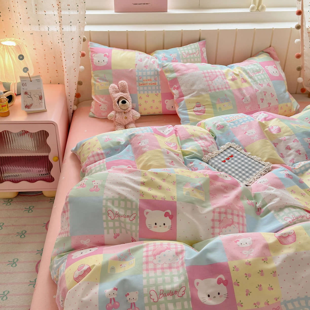 91家纺网 家纺一手货源 找家纺 梵克保罗 2026春夏新款ins小清新40支全棉13372四件套学生三件套单被套单枕套系列-第二批（单枕套） 可爱喵喵