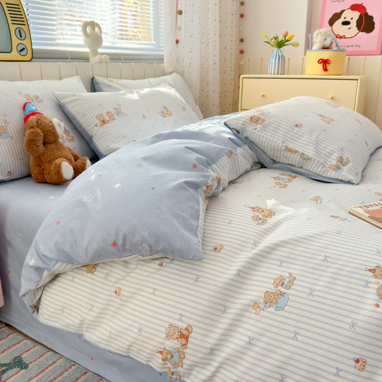 91家纺网 家纺一手货源 找家纺 梵克保罗 2026春夏新款ins小清新40支全棉13372四件套学生三件套单被套单枕套系列-第二批（单枕套） 幸福小熊